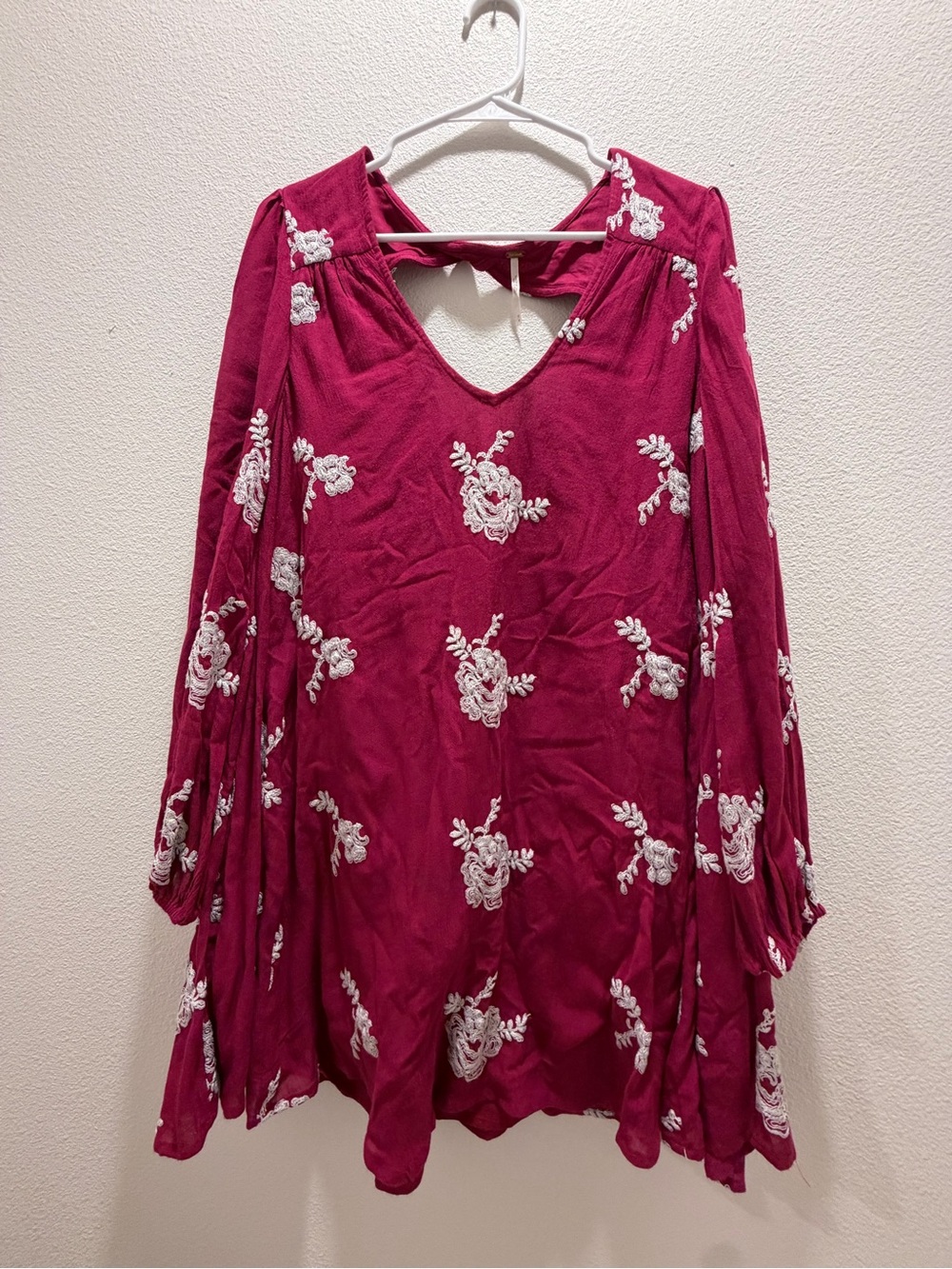 Free People Emma Swing Burgundy Embroidered Dress Long Sleeve